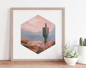 Solo Saguaro Hexagon Print - Cactus Painting Print - Southwest Print - Modern Boho Desert Landscape
