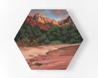 Virgin River Zion National Park Original Painting - Small Hexagon Painting - Small Southwest Landscape - Utah Landscape Art