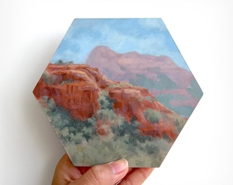 Boynton Canyon View Original Oil Painting: Small Hand Painted Sedona Arizona Landscape - Hexagon Art