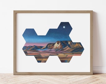 Desert Night Art Print - Ciel et montagnes abstraits modernes du désert - Étoiles et lune du désert - Impression moderne du sud-ouest - Paysage du sud-ouest