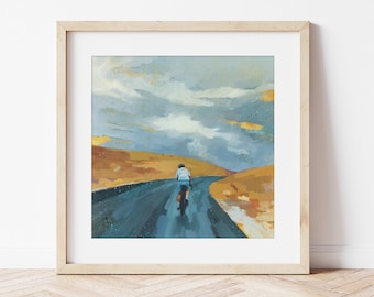 Cyclist Print  - Cycling Art - Bicycling Painting - Solitude Peace - Bike Ride Art Print - "Getting There" by Joy Goldstein