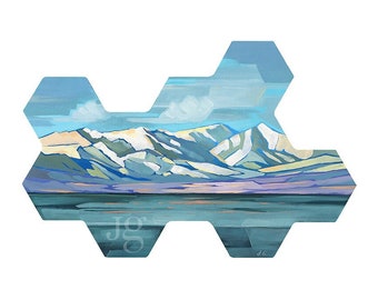 Winterlandschaft Druck - Schneebedeckte Berge Malerei - Winter Berge Gemälde - Hexagon Druck - Abstrakte Schneeberge