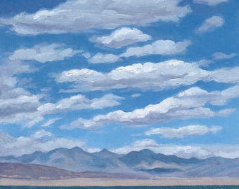 White Clouds Blue Sky Lake Mead Art Print: From Nevada Landscape Oil Painting
