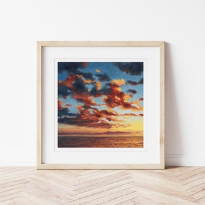 Sunset Sea Art Print Nubes oceánicas al atardecer Arte costero dramático Pintura del océano al atardecer Paisaje marino rojo anaranjado imagen 2