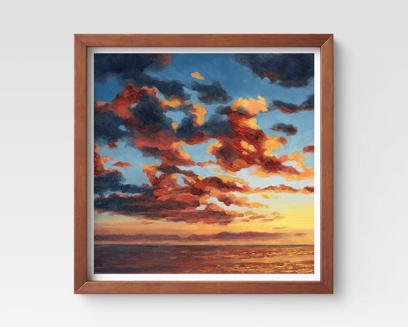 Sunset Sea Art Print Nubes oceánicas al atardecer Arte costero dramático Pintura del océano al atardecer Paisaje marino rojo anaranjado imagen 3