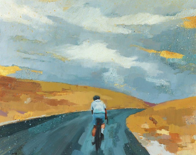 Solo Cyclist Art Print: Giclée Matte Paper, from Original Bike Ride Painting "Getting There"