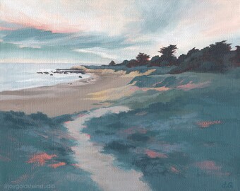 Moody Moonstone Beach Original Painting: Framed Teal Coastal Art