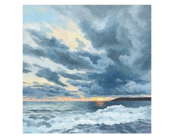 Au-delà de la peinture à l’huile originale grise - petite peinture océan paysage marin - océan coucher de soleil empâtement peinture - vagues nuages peinture