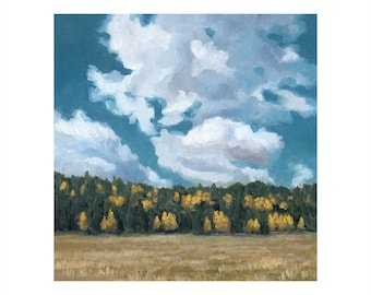 Clouds, Aspen and Pine Original Oil Painting - Small Forest Painting - Clouds Trees Landscape Painting - Yellow Aspen Trees - Arizona Art