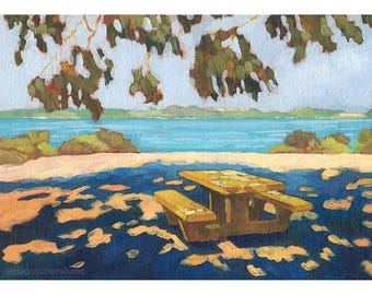 Yellow Picnic Table Under Tree Shade Art Print: California Nature Painting