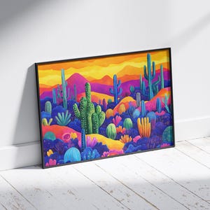 May include: A colourful painting depicting a desert landscape with cacti and flowers in shades of blue, green, yellow, orange, and pink. The sky is a vibrant orange and yellow, with a mountain range in the background.