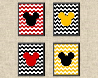 Set of 4 Mickey Mouse Black, White, Red & Yellow Chevron Printable Wall Art