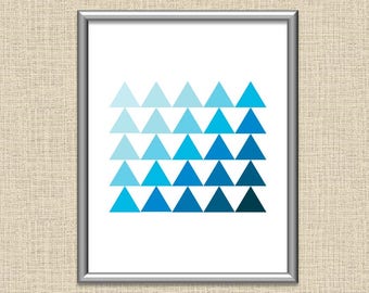 Blue Ombre Gradient Modern Geometric Triangle Minimal Printable Wall Art 8x10