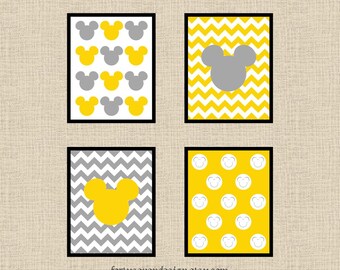 Set of 4 Mickey Mouse Yellow & Gray Chevron Printable Wall Art 8x10
