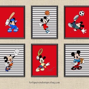 Set of 6 Mickey Sports Red & Gray Striped Printable Wall Art 8x10