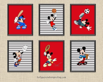 Set of 6 Mickey Sports Red & Gray Striped Printable Wall Art 8x10