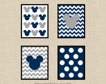 Set of 4 Mickey Mouse Navy & Gray Chevron Printable Wall Art 8x10