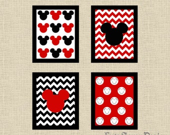 Set of 4 Mickey Mouse Black, White & Red Chevron Printable Wall Art