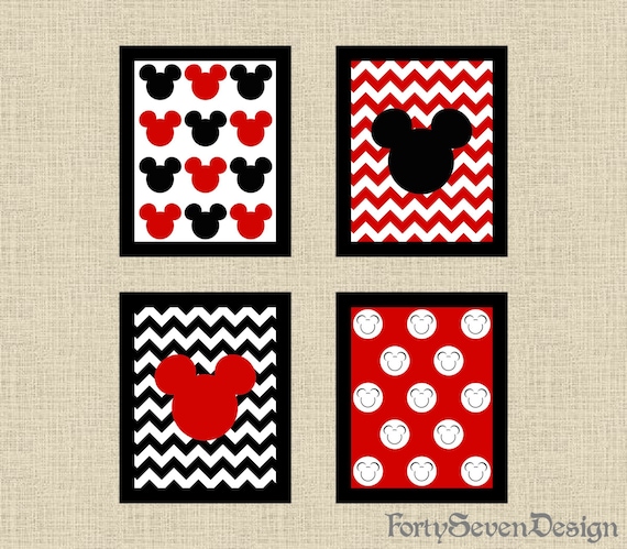 Set of 4 Mickey Mouse Black, White & Red Chevron Printable Wall Art Il_570xn
