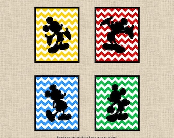 Mickey Mouse Silhouette Decor - Chevron Printable Wall Art - Set of 4 Pictures