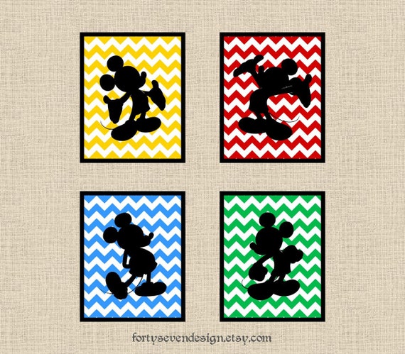 Mickey Mouse Silhouette Decor - Chevron Printable Wall Art - Set of 4 Pictures Il_570xn
