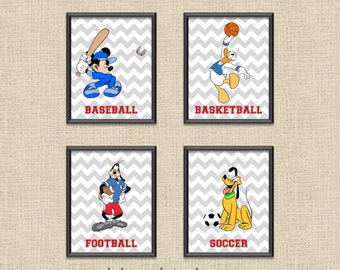 Set of 4 Mickey & Friends Sports Chevron Printable Wall Art 8x10