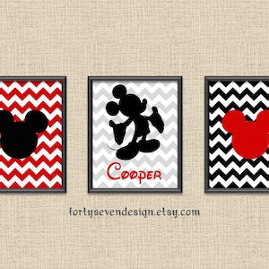 Set of 3 Mickey Mouse Red Chevron Custom Name Printable Wall Art 8x10 image 1