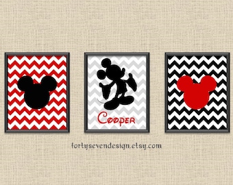 Set of 3 Mickey Mouse Red Chevron Custom Name Printable Wall Art 8x10