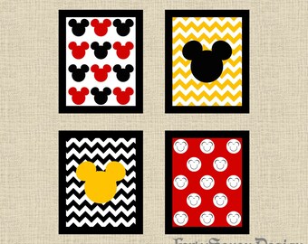 Set of 4 Mickey Mouse Black, White, Red & Yellow Chevron Printable Wall Art