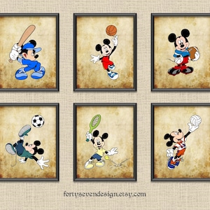 Set of 6 Mickey Sports Vintage Style Printable Wall Art 8x10