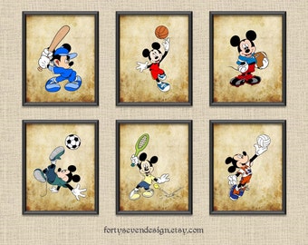 Set of 6 Mickey Sports Vintage Style Printable Wall Art 8x10