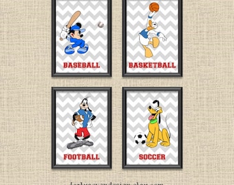 Set of 4 Mickey & Friends Sports Chevron Printable Wall Art 5x7