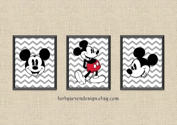 DIGITAL DOWNLOAD Classic Mickey Mouse Printable Wall Art - Set of 3 - Black/White/Gray/Red Chevron Il_570xn