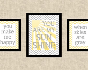 Set of Three You Are My Sunshine Gray and Yellow Chevron Printable Wall Art