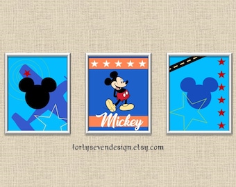DIGITAL DOWNLOAD Mickey Mouse - Airplane Stars - Printable Wall Art - Set of 3 - Blue, Red, Orange, Yellow, Green, Black