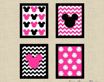 Set of 4 Mickey Mouse Black, White & Pink Chevron Printable Wall Art