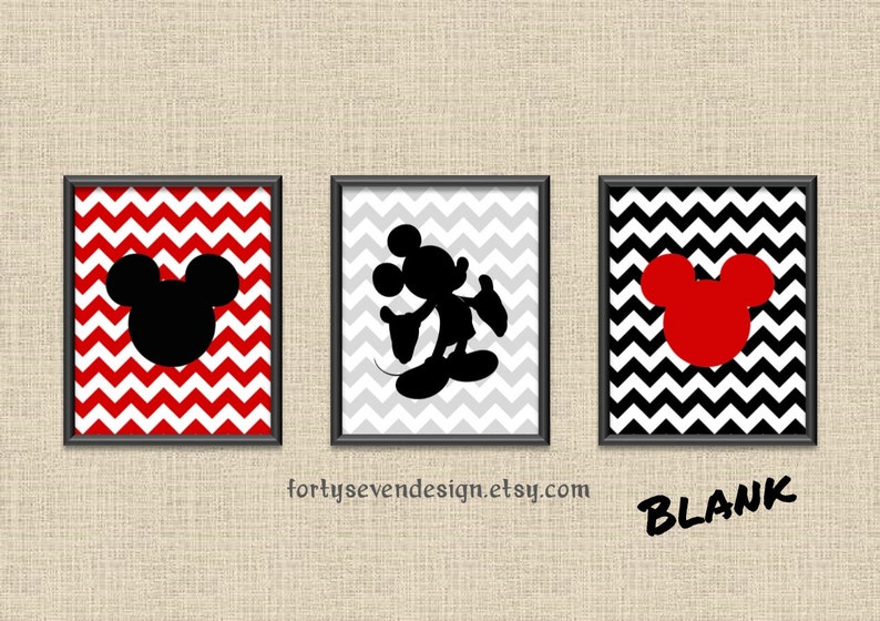 Set of 3 Mickey Mouse Red Chevron Custom Name Printable Wall Art 8x10 image 2