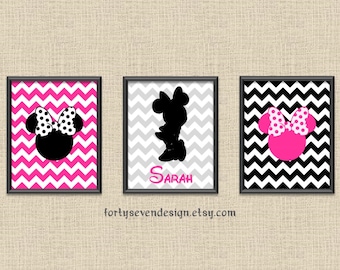 Minnie Mouse Silhouette Room Decor - Nursery Pictures - Pink Chevron Custom Name Printable Wall Art 8x10 Set of 3