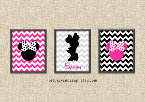 Minnie Mouse Silhouette Room Decor - Nursery Pictures - Pink Chevron Custom Name Printable Wall Art 8x10 Set of 3 Il_570xn