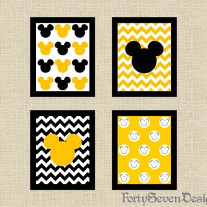 Set of 4 Mickey Mouse Black, White & Yellow Chevron Printable Wall Art