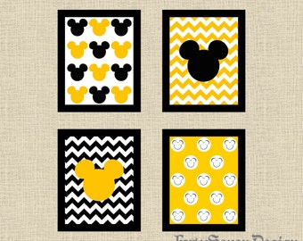 Set of 4 Mickey Mouse Black, White & Yellow Chevron Printable Wall Art