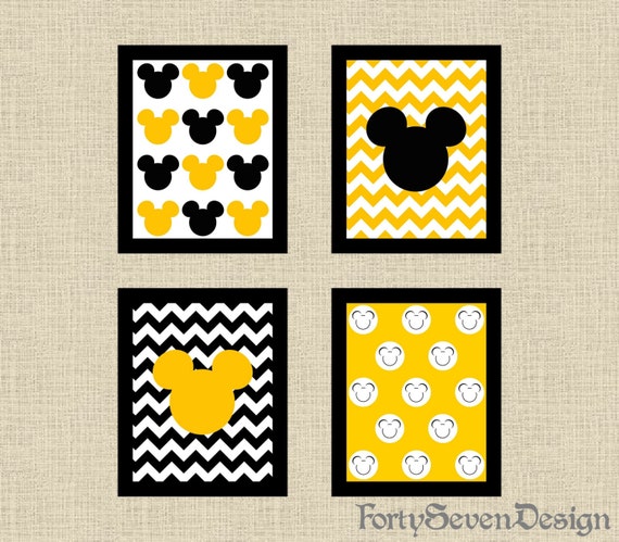 Set of 4 Mickey Mouse Black, White & Yellow Chevron Printable Wall Art Il_570xn