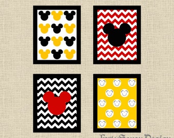 Set of 4 Mickey Mouse Black, White, Yellow & Red Chevron Printable Wall Art