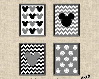 Set of 4 Mickey Mouse Black, White, & Gray Chevron Printable Wall Art