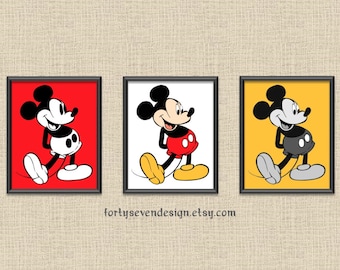 DIGITAL DOWNLOAD Classic Mickey Mouse Printable Wall Art - Set of 3 - Color, Black/Red, Gray/Yellow