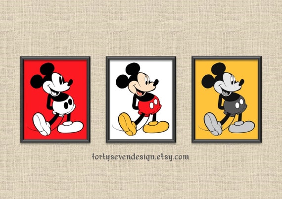 DIGITAL DOWNLOAD Classic Mickey Mouse Printable Wall Art - Set of 3 - Color, Black/Red, Gray/Yellow Il_570xn