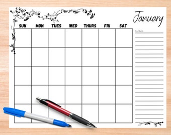 Printable Monthly Calendar with Simple Ivy Artwork and Notes Section - PDF - 12-Month Calendar - Sunday Start - Black and White