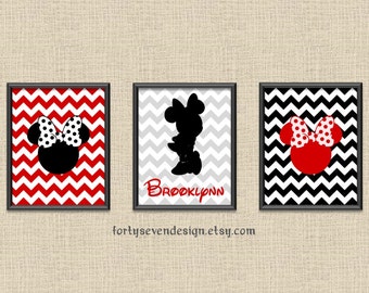 Minnie Mouse Silhouette Room Decor - Nursery Pictures - Red Chevron Custom Name Printable Wall Art 8x10 Set of 3