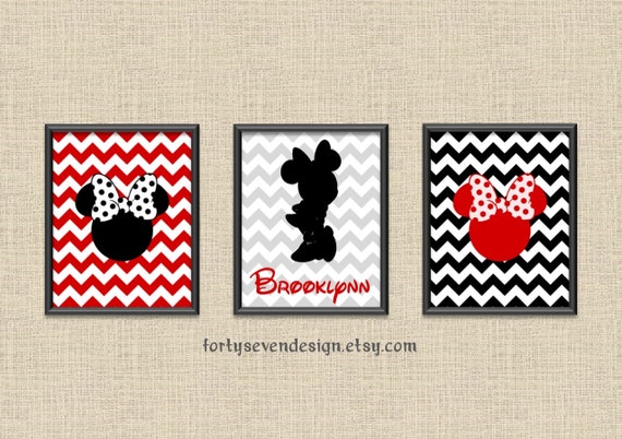 Minnie Mouse Silhouette Room Decor - Nursery Pictures - Red Chevron Custom Name Printable Wall Art 8x10 Set of 3 Il_570xn