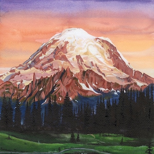 Mont Rainier au coucher du soleil - Impression aquarelle